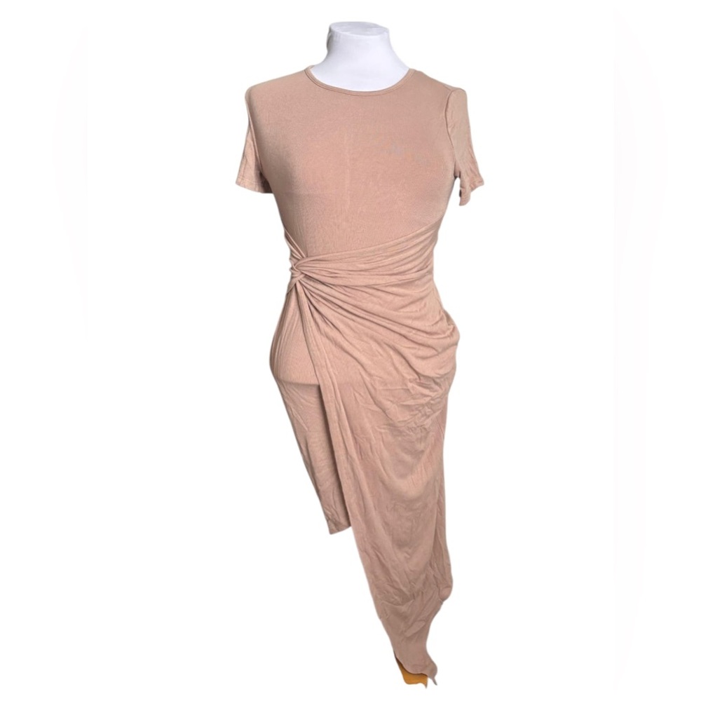 NWT Zilcremo Nude Ruched Bodycon Midi Dress Asymmetrical Hem Short Sleeve Size S